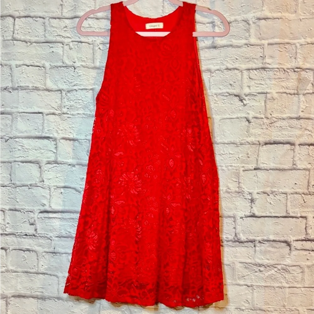 🔵Lace Vibrant Red Lace Sleeveless Dress - Picture 2 of 7
